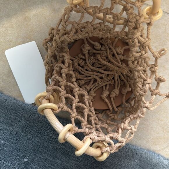 Handcrafted Tan Woven Bag with Wooden Handles Small Bag - Picture 3 of 4